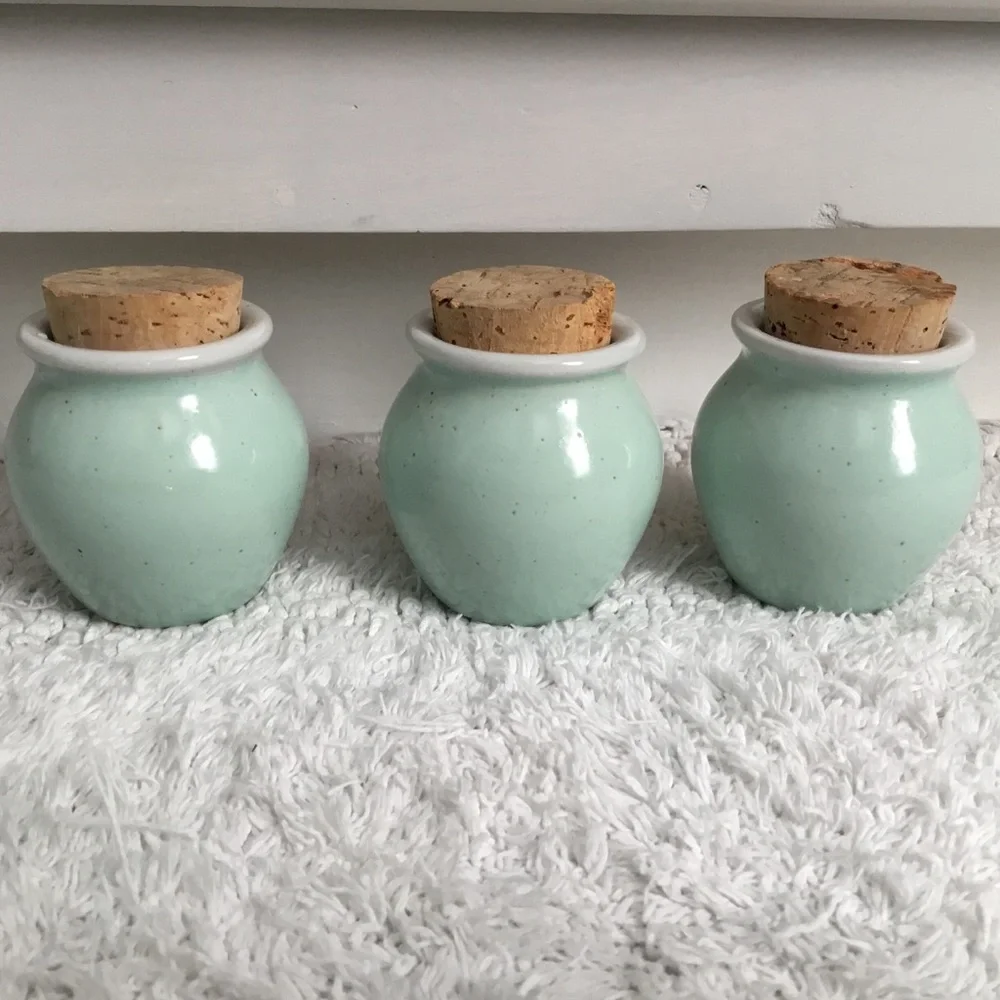 PENTIK FINLAND Set of Three Cork Lid Spice Jars Light Turquoise color.